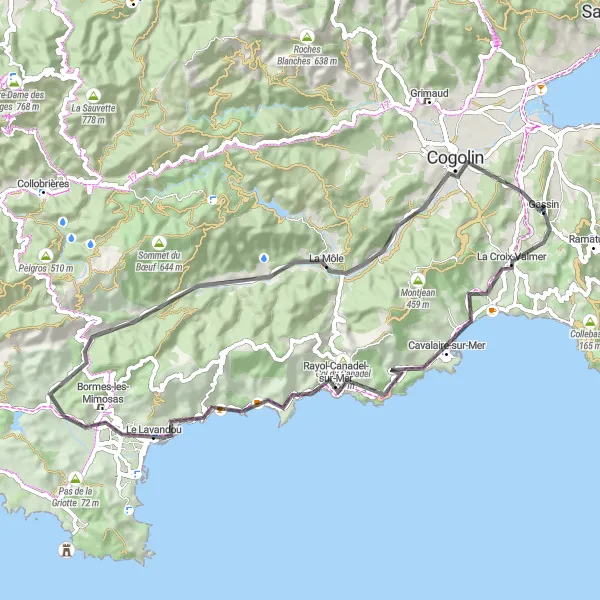 Karttaminiaatyyri "Gassin - La Croix-Valmer - Bormes-les-Mimosas" pyöräilyinspiraatiosta alueella Provence-Alpes-Côte d’Azur, France. Luotu Tarmacs.app pyöräilyreittisuunnittelijalla