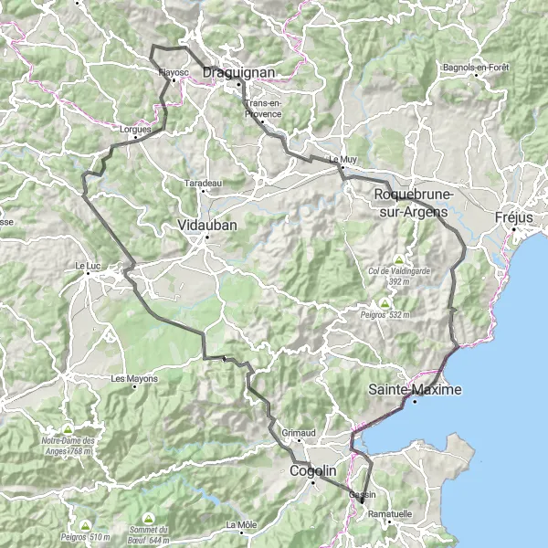 Zemljevid v pomanjšavi "Cestna kolesarska pustolovščina v Provansi" kolesarske inspiracije v Provence-Alpes-Côte d’Azur, France. Generirano z načrtovalcem kolesarskih poti Tarmacs.app