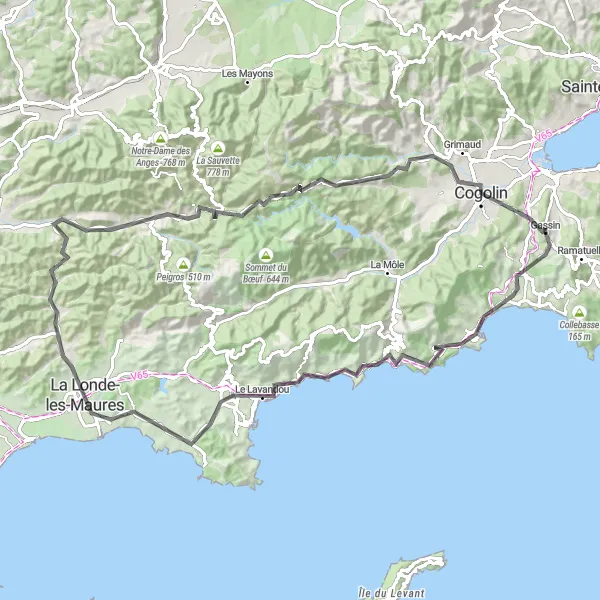 Map miniature of "Gassin to Le Lavandou" cycling inspiration in Provence-Alpes-Côte d’Azur, France. Generated by Tarmacs.app cycling route planner