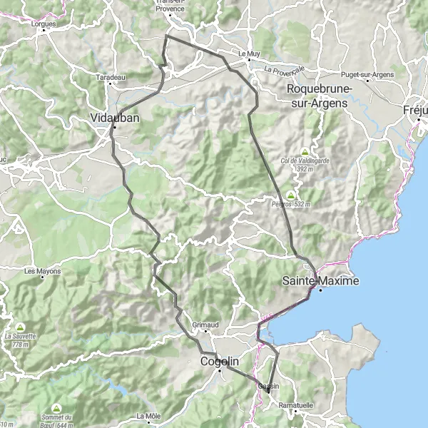 Miniatua del mapa de inspiración ciclista "Exploración Escénica por Carretera a través de Vidauban y Sainte-Maxime" en Provence-Alpes-Côte d’Azur, France. Generado por Tarmacs.app planificador de rutas ciclistas