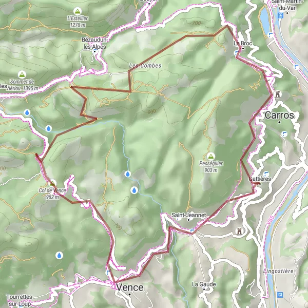 Miniaturní mapa "Gravelová trasa kolem Gattières" inspirace pro cyklisty v oblasti Provence-Alpes-Côte d’Azur, France. Vytvořeno pomocí plánovače tras Tarmacs.app