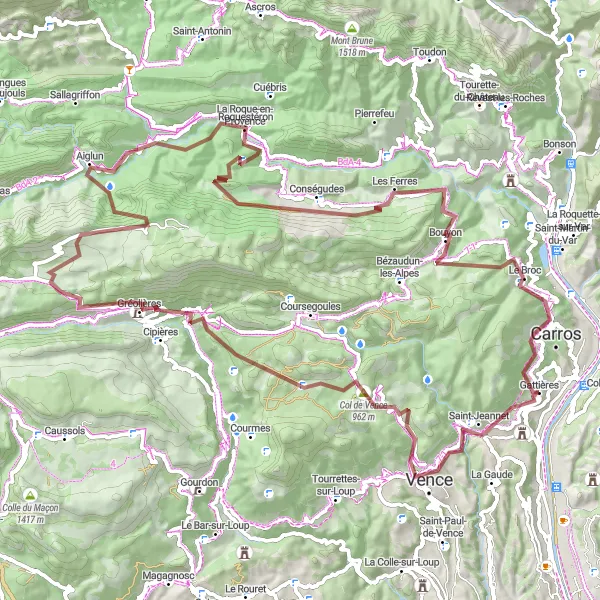 Mapa miniatúra "Gravel okruh cez Col de Vence a Mont Long" cyklistická inšpirácia v Provence-Alpes-Côte d’Azur, France. Vygenerované cyklistickým plánovačom trás Tarmacs.app