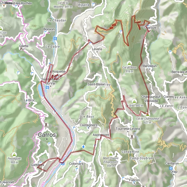 Miniaturní mapa "Gravelová cyklotrasa kolem Gattières" inspirace pro cyklisty v oblasti Provence-Alpes-Côte d’Azur, France. Vytvořeno pomocí plánovače tras Tarmacs.app