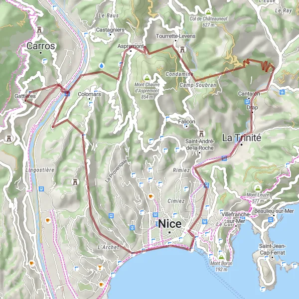 Miniatura mapy "Trasa gravelowa Tourrette-Levens Adventure" - trasy rowerowej w Provence-Alpes-Côte d’Azur, France. Wygenerowane przez planer tras rowerowych Tarmacs.app