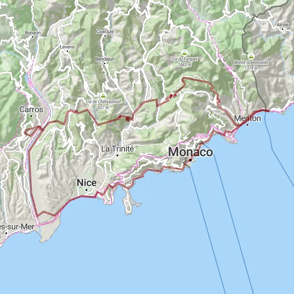Kartminiatyr av "Cykling i bergen runt Gattières" cykelinspiration i Provence-Alpes-Côte d’Azur, France. Genererad av Tarmacs.app cykelruttplanerare
