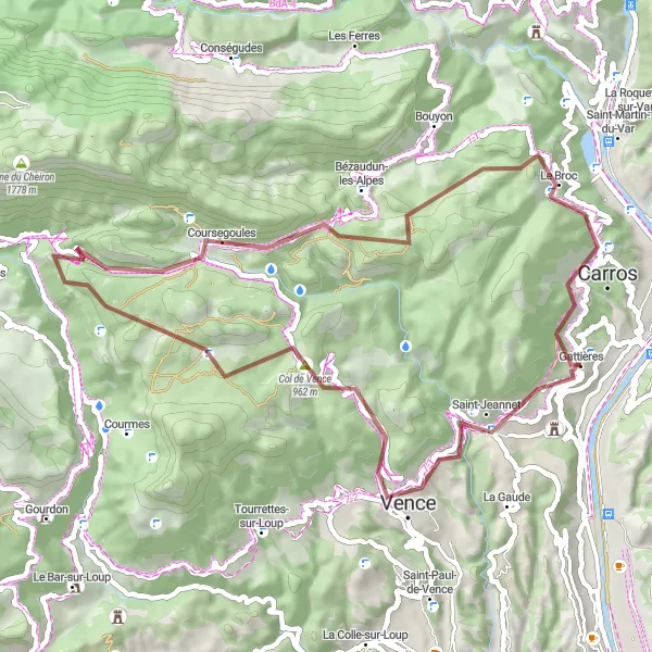 Mapa miniatúra "Gravel cycling around Gattières" cyklistická inšpirácia v Provence-Alpes-Côte d’Azur, France. Vygenerované cyklistickým plánovačom trás Tarmacs.app