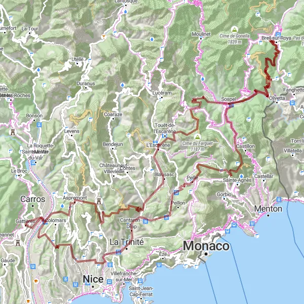 Miniatura mapy "Długa Trasa Gravel przez Cime de Rastel i Mont Chauve de Tourrette" - trasy rowerowej w Provence-Alpes-Côte d’Azur, France. Wygenerowane przez planer tras rowerowych Tarmacs.app