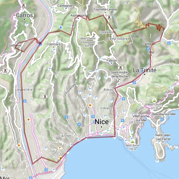 Zemljevid v pomanjšavi "Gravel kolesarska pot skozi Provanso in Azurno obalo" kolesarske inspiracije v Provence-Alpes-Côte d’Azur, France. Generirano z načrtovalcem kolesarskih poti Tarmacs.app