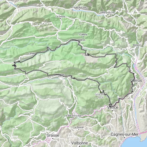 Miniature de la carte de l'inspiration cycliste "Les Montagnes de l'arrière-pays niçois" dans la Provence-Alpes-Côte d’Azur, France. Générée par le planificateur d'itinéraire cycliste Tarmacs.app