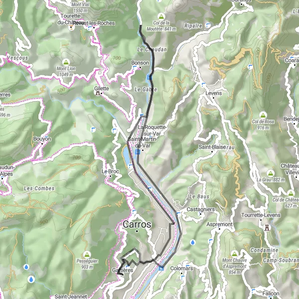 Zemljevid v pomanjšavi "Po sledeh slikovitih vasic" kolesarske inspiracije v Provence-Alpes-Côte d’Azur, France. Generirano z načrtovalcem kolesarskih poti Tarmacs.app