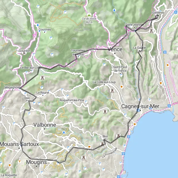 Miniaturní mapa "Silniční cyklotrasa kolem Gattières" inspirace pro cyklisty v oblasti Provence-Alpes-Côte d’Azur, France. Vytvořeno pomocí plánovače tras Tarmacs.app