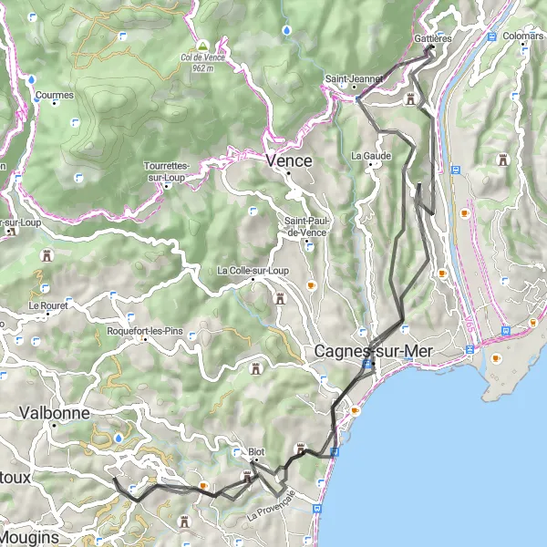 Mapa miniatúra "Cyklookruh cez Saint-Jeannet a Biot" cyklistická inšpirácia v Provence-Alpes-Côte d’Azur, France. Vygenerované cyklistickým plánovačom trás Tarmacs.app