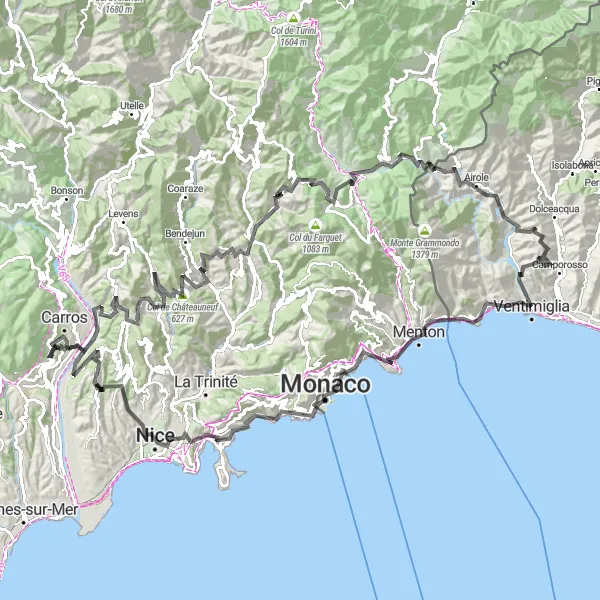 Karttaminiaatyyri "Reitti Castagniersista Monte Carloon" pyöräilyinspiraatiosta alueella Provence-Alpes-Côte d’Azur, France. Luotu Tarmacs.app pyöräilyreittisuunnittelijalla