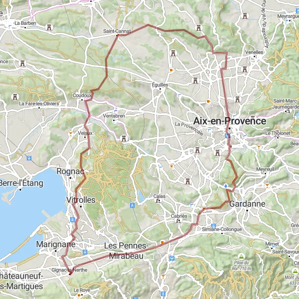 Mapa miniatúra "Gravelový cyklistický okruh v Provence" cyklistická inšpirácia v Provence-Alpes-Côte d’Azur, France. Vygenerované cyklistickým plánovačom trás Tarmacs.app