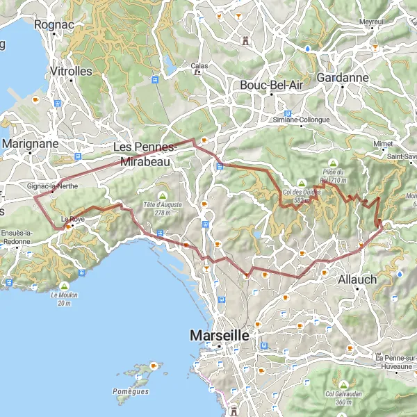 Mapa miniatúra "Gravel okolo Gignac-la-Nerthe" cyklistická inšpirácia v Provence-Alpes-Côte d’Azur, France. Vygenerované cyklistickým plánovačom trás Tarmacs.app