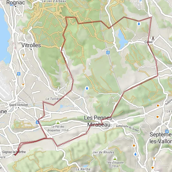 Miniaturní mapa "Scenic Gravel Loop from Gignac-la-Nerthe" inspirace pro cyklisty v oblasti Provence-Alpes-Côte d’Azur, France. Vytvořeno pomocí plánovače tras Tarmacs.app