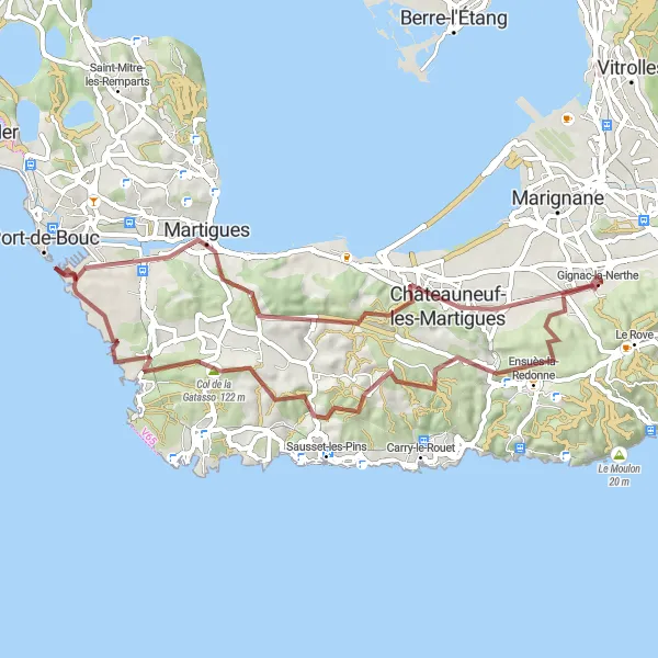 Miniatura mapy "Trasa gravelowa Châteauneuf-les-Martigues - Ensuès-la-Redonne" - trasy rowerowej w Provence-Alpes-Côte d’Azur, France. Wygenerowane przez planer tras rowerowych Tarmacs.app
