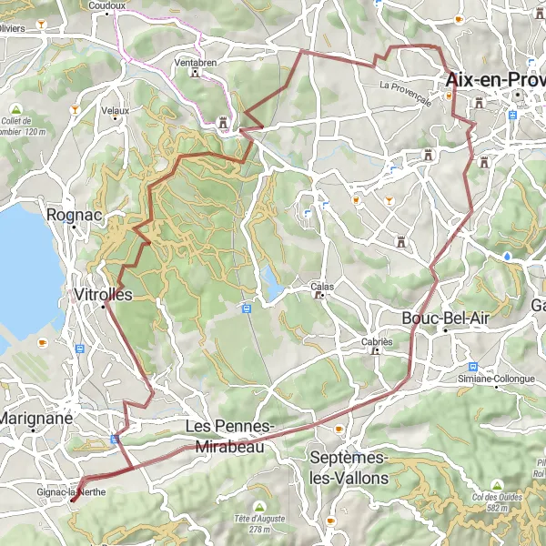 Karttaminiaatyyri "Pyöräilyreitti Gravel-luokan pyörille lähellä Gignac-la-Nerthea" pyöräilyinspiraatiosta alueella Provence-Alpes-Côte d’Azur, France. Luotu Tarmacs.app pyöräilyreittisuunnittelijalla