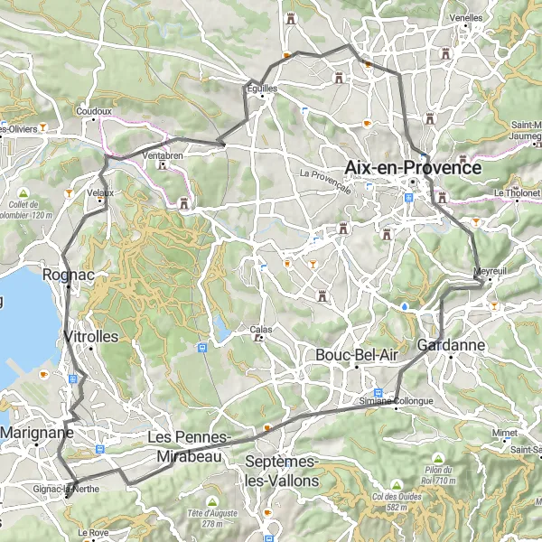 Zemljevid v pomanjšavi "Kolesarjenje po cestah med Gignac-la-Nerthe in Les Pennes-Mirabeau" kolesarske inspiracije v Provence-Alpes-Côte d’Azur, France. Generirano z načrtovalcem kolesarskih poti Tarmacs.app