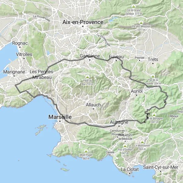 Miniaturní mapa "Okruh kolem Gignac-la-Nerthe" inspirace pro cyklisty v oblasti Provence-Alpes-Côte d’Azur, France. Vytvořeno pomocí plánovače tras Tarmacs.app