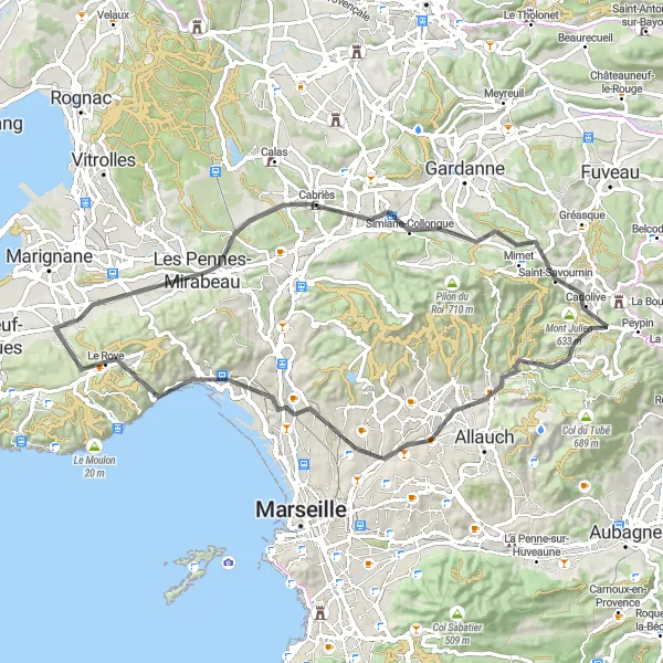Mapa miniatúra "Cesta po cestách blízko Gignac-la-Nerthe" cyklistická inšpirácia v Provence-Alpes-Côte d’Azur, France. Vygenerované cyklistickým plánovačom trás Tarmacs.app