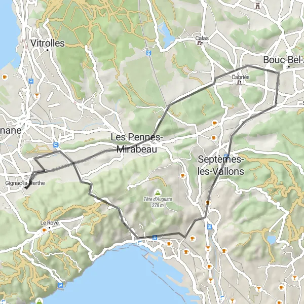 Miniaturní mapa "Road Route near Gignac-la-Nerthe" inspirace pro cyklisty v oblasti Provence-Alpes-Côte d’Azur, France. Vytvořeno pomocí plánovače tras Tarmacs.app