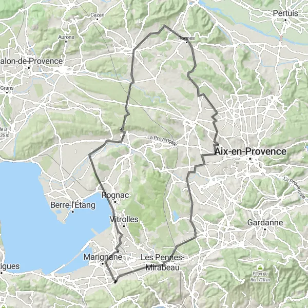 Map miniature of "Road Cycling Challenge near Gignac-la-Nerthe" cycling inspiration in Provence-Alpes-Côte d’Azur, France. Generated by Tarmacs.app cycling route planner