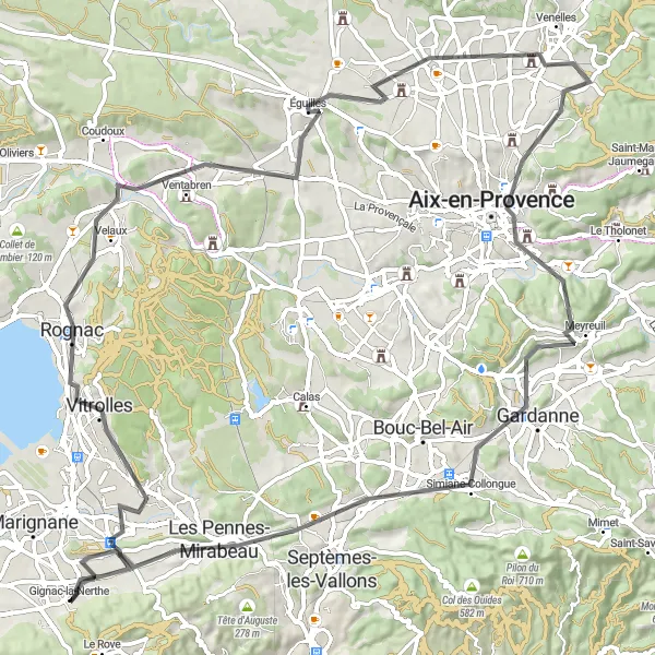 Kartminiatyr av "Veitur til École Viguière" sykkelinspirasjon i Provence-Alpes-Côte d’Azur, France. Generert av Tarmacs.app sykkelrutoplanlegger