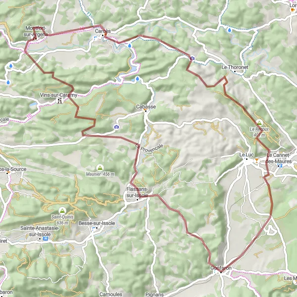 Map miniature of "Flassans-sur-Issole Gravel Tour" cycling inspiration in Provence-Alpes-Côte d’Azur, France. Generated by Tarmacs.app cycling route planner