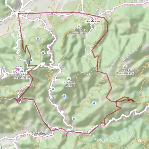 Kartminiatyr av "Gonfaron til Les Mayons grustur" sykkelinspirasjon i Provence-Alpes-Côte d’Azur, France. Generert av Tarmacs.app sykkelrutoplanlegger