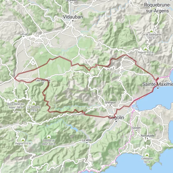 Kartminiatyr av "La Roquette til Gonfaron grustur" sykkelinspirasjon i Provence-Alpes-Côte d’Azur, France. Generert av Tarmacs.app sykkelrutoplanlegger