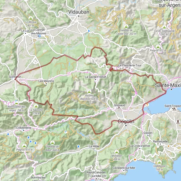 Kartminiatyr av "Roquebrune til Gonfaron tur-retur (grusvei)" sykkelinspirasjon i Provence-Alpes-Côte d’Azur, France. Generert av Tarmacs.app sykkelrutoplanlegger
