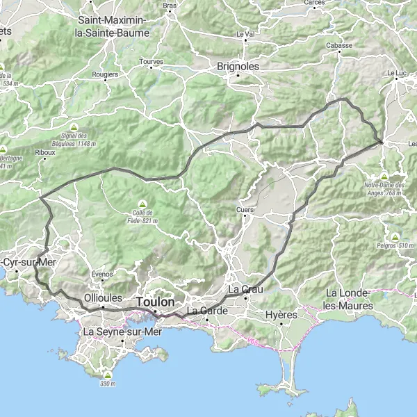 Mapa miniatúra "Okruhová cyklistická trasa z blízkosti Gonfaronu" cyklistická inšpirácia v Provence-Alpes-Côte d’Azur, France. Vygenerované cyklistickým plánovačom trás Tarmacs.app