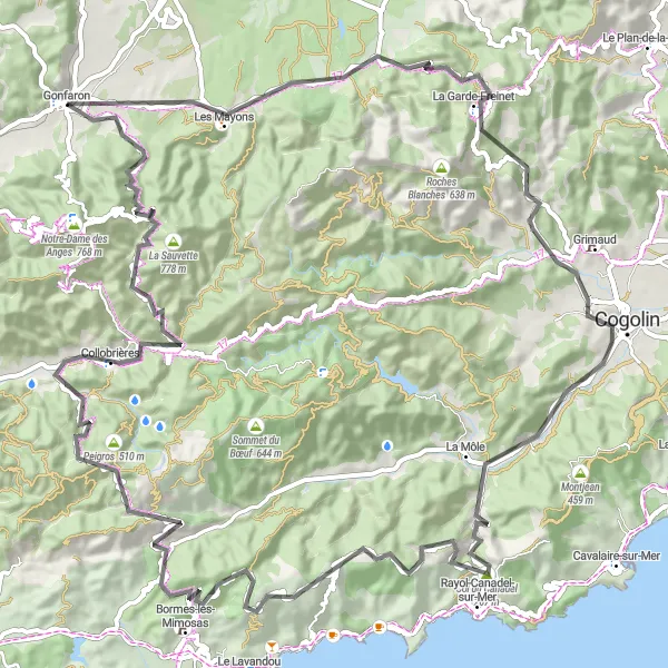 Kartminiatyr av "Kustnära cykeltur med bergsutsikt" cykelinspiration i Provence-Alpes-Côte d’Azur, France. Genererad av Tarmacs.app cykelruttplanerare
