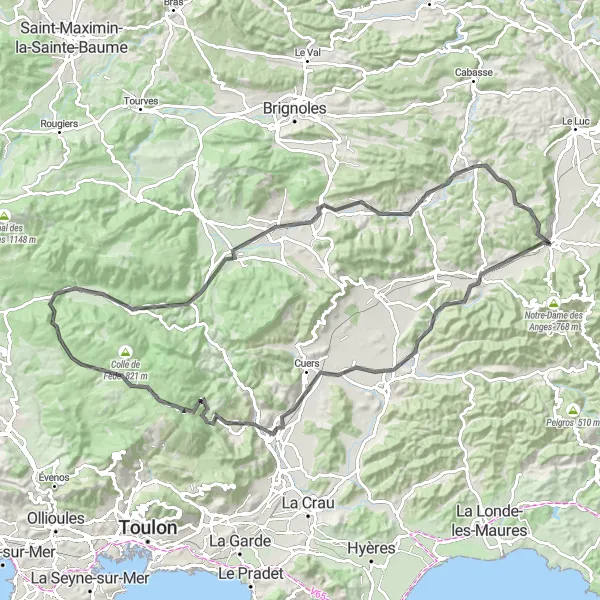Mapa miniatúra "Pignans - Peigros - Solliès-Pont - Colline du Bon Pasteur - Sainte-Croix - Pey Long - Forcalqueiret - Besse-sur-Issole - La Roquette" cyklistická inšpirácia v Provence-Alpes-Côte d’Azur, France. Vygenerované cyklistickým plánovačom trás Tarmacs.app