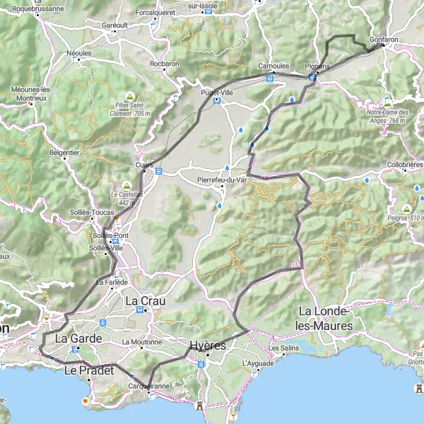 Zemljevid v pomanjšavi "Gonfaron do Le Défens krožna kolesarska pot" kolesarske inspiracije v Provence-Alpes-Côte d’Azur, France. Generirano z načrtovalcem kolesarskih poti Tarmacs.app