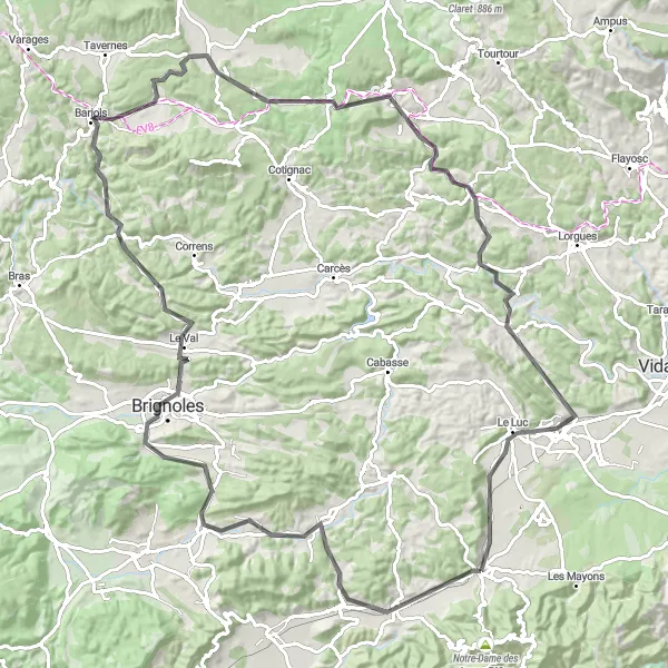 Miniature de la carte de l'inspiration cycliste "Les Trésors Cachés de l'Est Varois" dans la Provence-Alpes-Côte d’Azur, France. Générée par le planificateur d'itinéraire cycliste Tarmacs.app