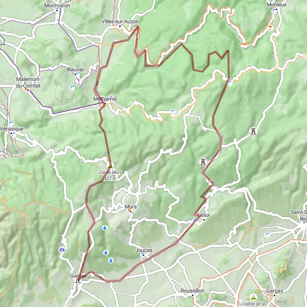 Miniature de la carte de l'inspiration cycliste "Gravel Gordes - Joucas" dans la Provence-Alpes-Côte d’Azur, France. Générée par le planificateur d'itinéraire cycliste Tarmacs.app