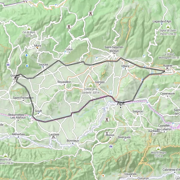 Miniature de la carte de l'inspiration cycliste "Les villages perchés du Luberon" dans la Provence-Alpes-Côte d’Azur, France. Générée par le planificateur d'itinéraire cycliste Tarmacs.app