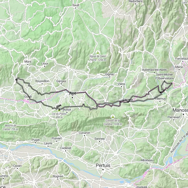 Miniatua del mapa de inspiración ciclista "Recorrido Escénico por Céreste y Château de Gordes" en Provence-Alpes-Côte d’Azur, France. Generado por Tarmacs.app planificador de rutas ciclistas