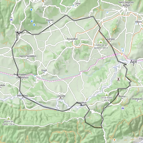 Miniature de la carte de l'inspiration cycliste "Les trésors du Luberon" dans la Provence-Alpes-Côte d’Azur, France. Générée par le planificateur d'itinéraire cycliste Tarmacs.app
