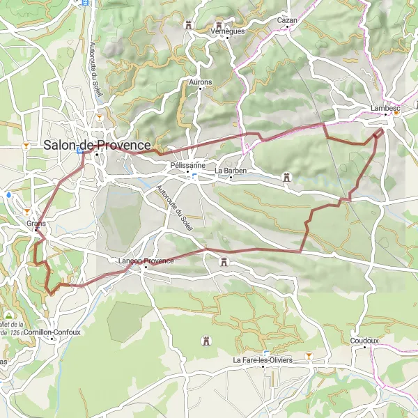 Zemljevid v pomanjšavi "Gravel kolesarska pot Salon de Provence" kolesarske inspiracije v Provence-Alpes-Côte d’Azur, France. Generirano z načrtovalcem kolesarskih poti Tarmacs.app
