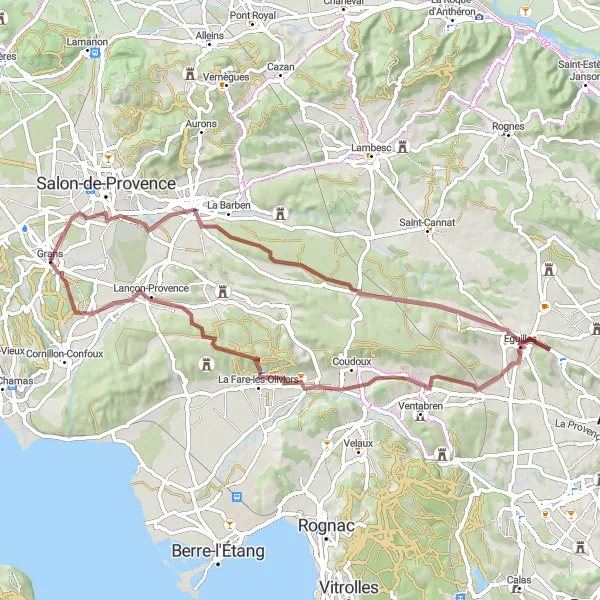 Miniatuurkaart van de fietsinspiratie "Gravelroute rond Pelissanne" in Provence-Alpes-Côte d’Azur, France. Gemaakt door de Tarmacs.app fietsrouteplanner