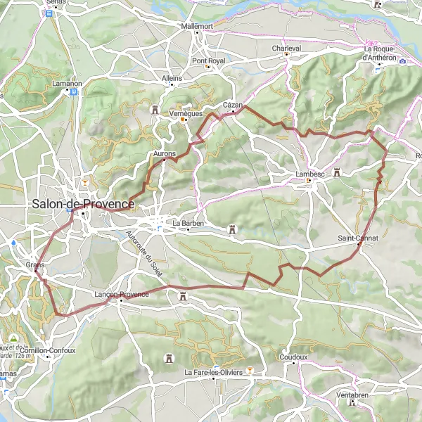 Mapa miniatúra "Gravelová cesta cez Aurons a Saint-Cannat" cyklistická inšpirácia v Provence-Alpes-Côte d’Azur, France. Vygenerované cyklistickým plánovačom trás Tarmacs.app