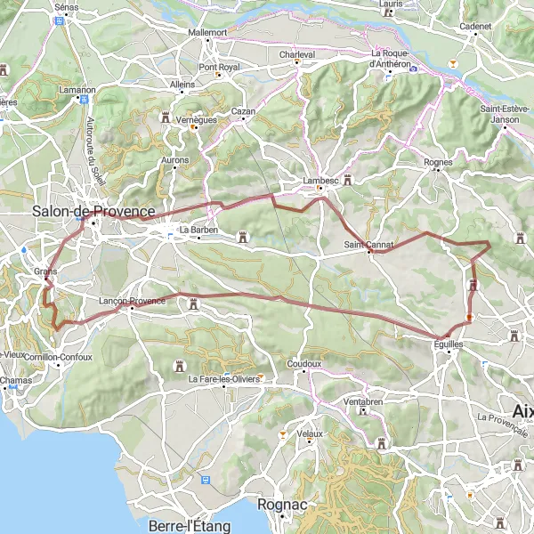 Miniaturní mapa "Gravelový okruh kolem Saint-Cannat" inspirace pro cyklisty v oblasti Provence-Alpes-Côte d’Azur, France. Vytvořeno pomocí plánovače tras Tarmacs.app