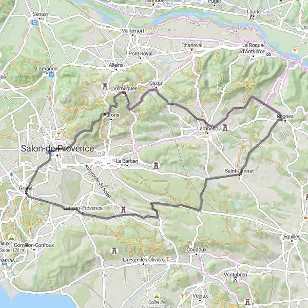 Mapa miniatúra "Cyklotrasa cez Vernègues a La Baume" cyklistická inšpirácia v Provence-Alpes-Côte d’Azur, France. Vygenerované cyklistickým plánovačom trás Tarmacs.app