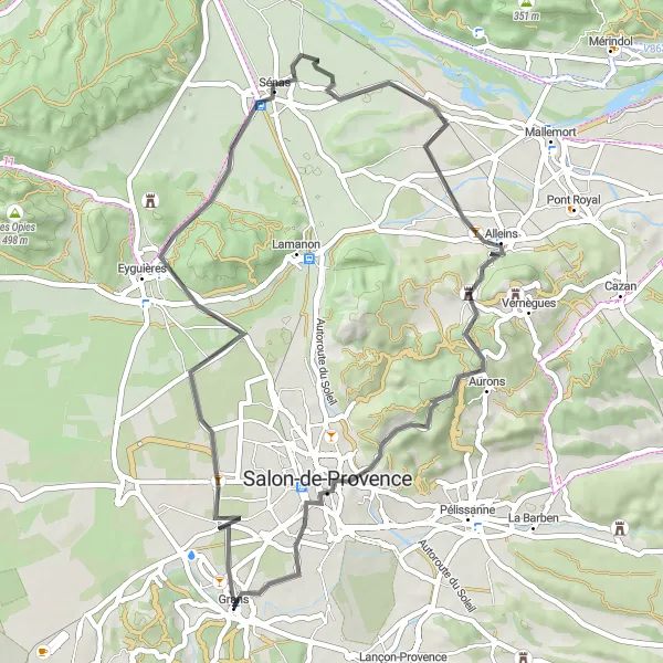 Zemljevid v pomanjšavi "Kolesarska pot med Eyguières in Salon de Provence" kolesarske inspiracije v Provence-Alpes-Côte d’Azur, France. Generirano z načrtovalcem kolesarskih poti Tarmacs.app