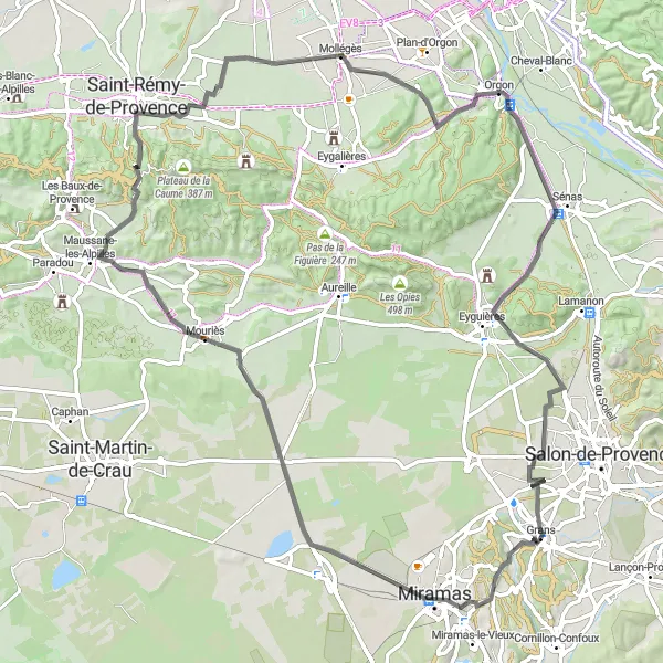 Miniaturní mapa "Grans - Eyguières" inspirace pro cyklisty v oblasti Provence-Alpes-Côte d’Azur, France. Vytvořeno pomocí plánovače tras Tarmacs.app
