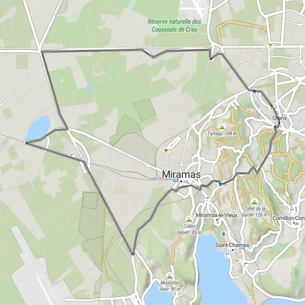 Kartminiatyr av "Miramas til Bernette" sykkelinspirasjon i Provence-Alpes-Côte d’Azur, France. Generert av Tarmacs.app sykkelrutoplanlegger