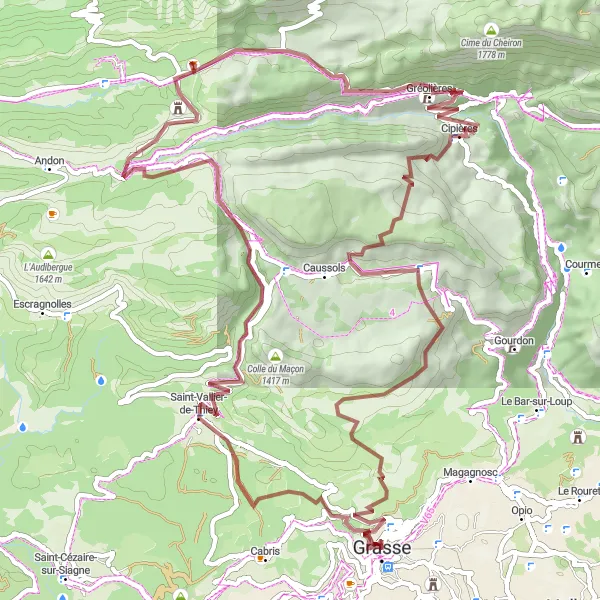 Karttaminiaatyyri "Kiviä ja soraa Grassen ympärillä" pyöräilyinspiraatiosta alueella Provence-Alpes-Côte d’Azur, France. Luotu Tarmacs.app pyöräilyreittisuunnittelijalla